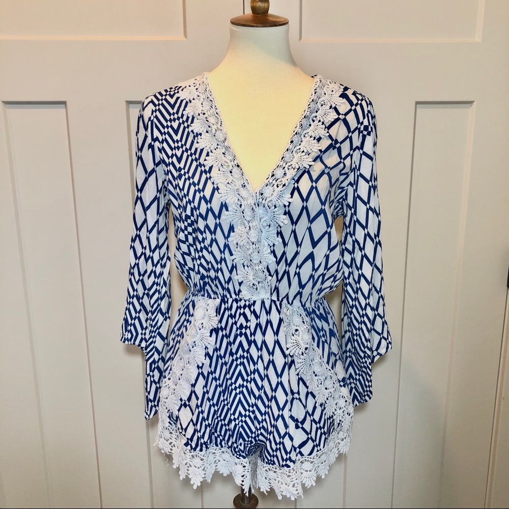 Lulumari Blue & White Diamond Print Lace romper
